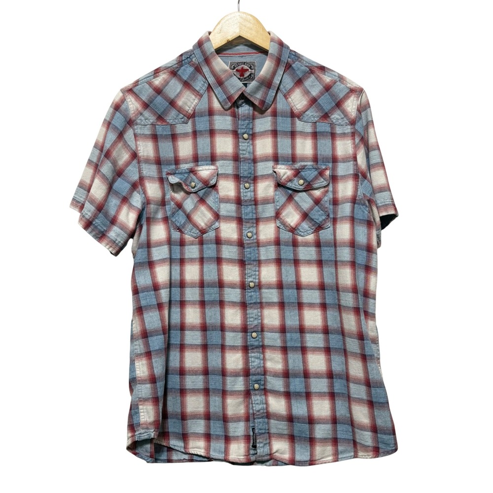 Desert Son Mens Western Shirt L Blue Red Plaid Pearl‎ Snap Cowboy Ranch Rodeo